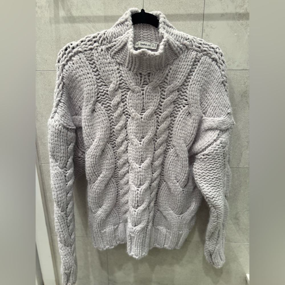 Zara Chunky Knit Turtleneck Sweater Soft Lilac Cable Knit Size Small